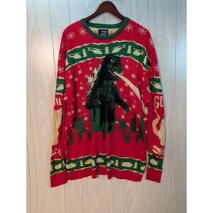 GODZILLA Red Green Acrylic Christmas Sweater Size 2XL Tree Helicopter Rare